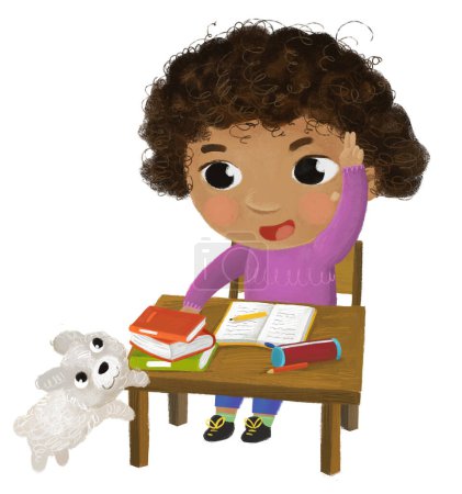 Photo for Cartoon child kid girl pupil going to school learning reading by the desk with globe childhood illustration with dog - Royalty Free Image