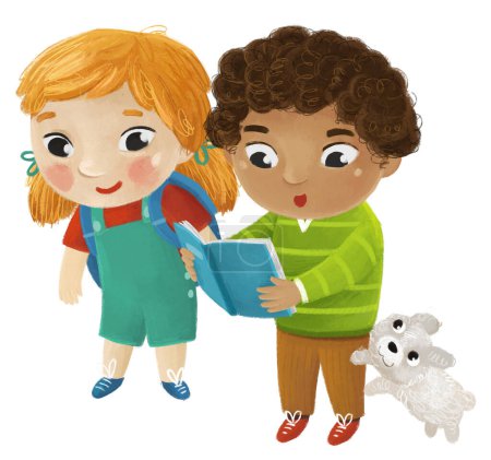 Photo for Cartoon child kid boy and girl pupils going to school learning childhood illustration for children with dog - Royalty Free Image