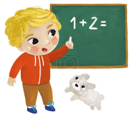 Photo for Cartoon child kid boy pupil going to school learning solving tasks on the blackboard childhood illustration for children with dog - Royalty Free Image