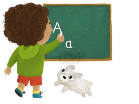 Photo for Cartoon child kid boy and girl pupils going to school learning solving tasks on the blackboard childhood illustration for kids with dog - Royalty Free Image
