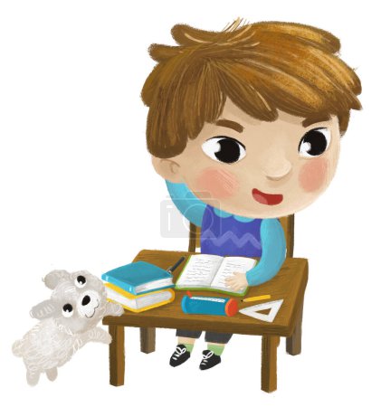 Photo for Cartoon child kid boy pupil going to school learning reading by the desk with globe childhood illustration with dog - Royalty Free Image