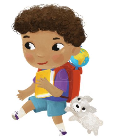 Foto de Dibujos animados niño niño alumno ir a la escuela con globo aprender ilustración de la infancia para los niños con perro - Imagen libre de derechos
