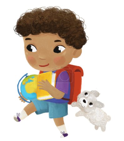 Photo for Cartoon child kid boy pupil going to school with globe learning childhood illustration for kids with dog - Royalty Free Image