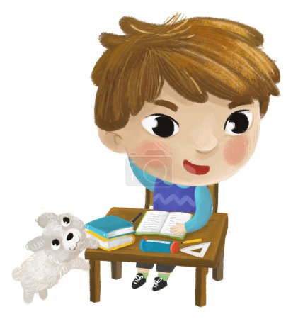 Foto de Dibujos animados niño niño niño alumno ir a la escuela aprendizaje lectura por el escritorio con globo ilustración de la infancia con perro - Imagen libre de derechos