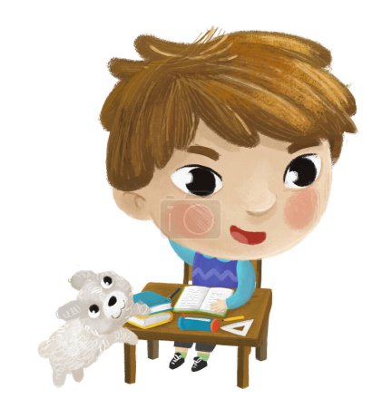 Foto de Dibujos animados niño niño niño alumno ir a la escuela aprendizaje lectura por el escritorio con globo ilustración de la infancia con perro - Imagen libre de derechos