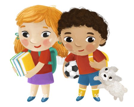 Foto de Dibujos animados niños niños niños y niñas alumnos que van a la escuela aprendizaje ilustración de la infancia para niños con perro - Imagen libre de derechos