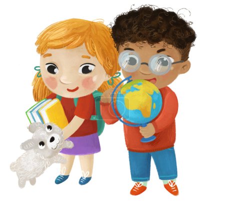 Photo for Cartoon child kid boy and girl pupils going to school learning childhood illustration for kids with dog - Royalty Free Image