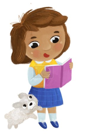 Foto de Dibujos animados niño niña alumna ir a la escuela aprendizaje infantil ilustración para niños con perro - Imagen libre de derechos