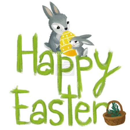 Téléchargez les photos : Scène de dessin animé avec lapin de Pâques sur l'illustration de fond de prairie pour les enfants - en image libre de droit