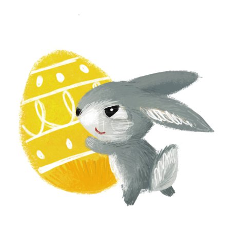 Téléchargez les photos : Scène de dessin animé avec lapin de Pâques sur l'illustration de fond de prairie pour les enfants - en image libre de droit