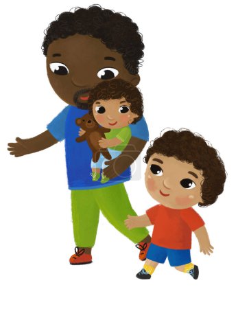 Téléchargez les photos : Scène de dessin animé avec la famille et les enfants fille et garçon sur fond blanc illustration pour enfants - en image libre de droit
