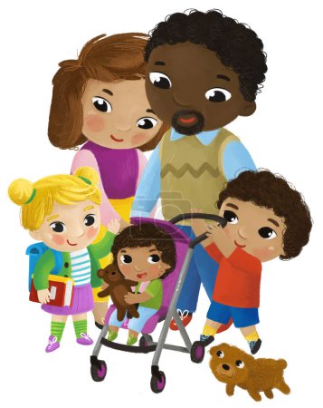 Téléchargez les photos : Scène de dessin animé avec la famille et les enfants fille et garçon sur fond blanc illustration - en image libre de droit