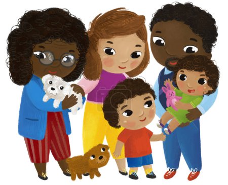 Foto de Escena de dibujos animados con la familia y los niños niña y niño sobre fondo blanco ilustración - Imagen libre de derechos