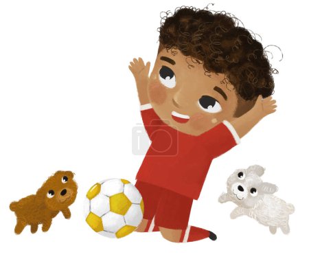 Téléchargez les photos : Scène de dessin animé avec garçon jouant au football de football de ballon de sport de course illustration pour les enfants - en image libre de droit