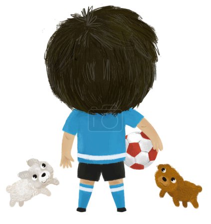 Téléchargez les photos : Scène de dessin animé avec garçon jouant au football de football de ballon de sport de course illustration pour les enfants - en image libre de droit