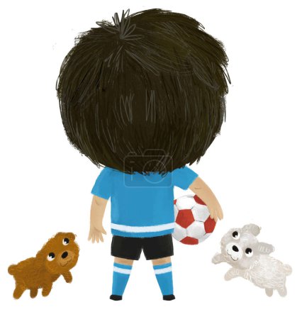 Foto de Escena de dibujos animados con niño jugando fútbol de pelota de deporte corriendo - ilustración para niños - Imagen libre de derechos