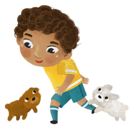 Téléchargez les photos : Scène de dessin animé avec enfant jouant au football ballon de sport passe-temps de football illustration pour les enfants - en image libre de droit