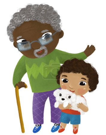 Téléchargez les photos : Scène de dessin animé avec un homme plus âgé grand-père debout et souriant avec un garçon petit-fils illustration pour les enfants - en image libre de droit