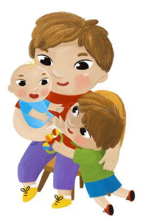 Foto de Escena de dibujos animados con hermanos mayores y más jóvenes y niños pequeños jugando juntos ilustración familiar para niños - Imagen libre de derechos