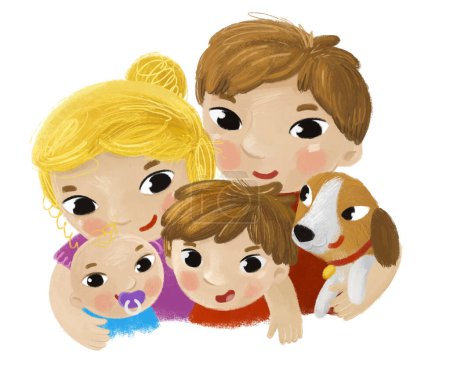 Téléchargez les photos : Scène de dessin animé avec la famille et les enfants fille et garçon sur fond blanc illustration pour enfants - en image libre de droit