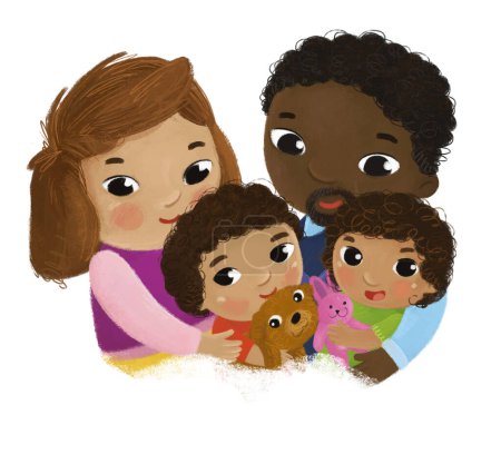 Téléchargez les photos : Scène de dessin animé avec la famille et les enfants fille et garçon sur fond blanc illustration - en image libre de droit