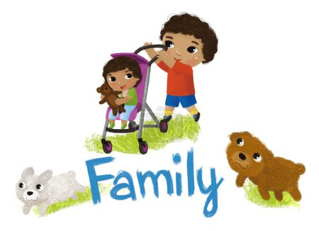 Téléchargez les photos : Scène de dessin animé avec heureux et joyeux enfants de la famille sur fond blanc illustration pour les enfants - en image libre de droit