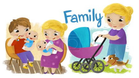 Foto de Escena de dibujos animados con niños felices y alegres de la familia sobre fondo blanco ilustración para niños - Imagen libre de derechos