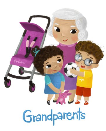 Téléchargez les photos : Scène de dessin animé avec grand-mère et les enfants garçon et fille près de voiture de bébé jouant sur fond blanc illustration - en image libre de droit