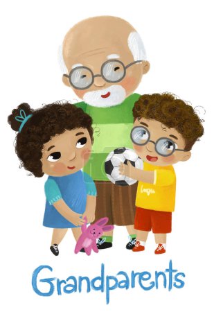 Téléchargez les photos : Scène de dessin animé avec heureux aimant famille grand-père enfants petit-fils et grand-père sur fond blanc illustration pour les enfants - en image libre de droit