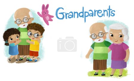 Téléchargez les photos : Scène de dessin animé avec de heureux grands-parents de la famille et granchildren illustration - en image libre de droit