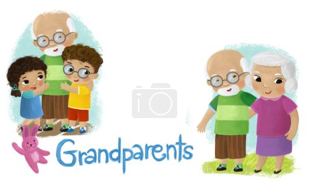 Téléchargez les photos : Scène de dessin animé avec de heureux grands-parents de la famille et granchildren illustration - en image libre de droit