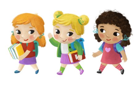 Foto de Dibujos animados niños niñas novias amistad alumnos ir a la escuela aprendizaje infancia ilustración - Imagen libre de derechos