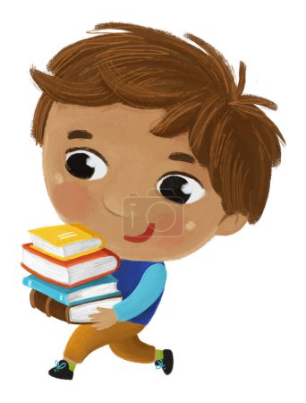 Téléchargez les photos : Dessin animé enfant garçon élève aller à l'école tenant des livres apprentissage illustration d'enfance - en image libre de droit