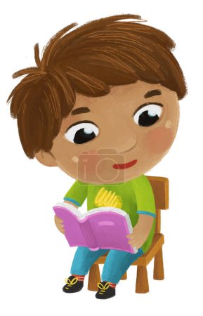 Téléchargez les photos : Dessin animé enfant enfant garçon élève lecture livres apprentissage enfance illustration pour enfants - en image libre de droit