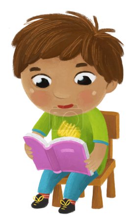 Photo for Cartoon child kid boy pupil reading books learning childhood illustration for children - Royalty Free Image