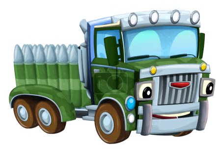 Foto de Dibujos animados feliz y divertido todoterreno vehículo de camión militar con ilustración de carga aislada para niños pintura artística - Imagen libre de derechos