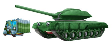 Foto de Dibujos animados feliz y divertido vehículo tanque militar pesado con ilustración de carga aislada para niños pintura artística - Imagen libre de derechos