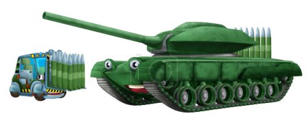 Photo for Cartoon happy and funny heavy military tank vehicle with cargo isolated illustration for children artistic painting - Royalty Free Image