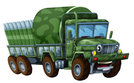 Foto de Dibujos animados feliz y divertido todoterreno vehículo de camión militar con ilustración de carga aislada para niños pintura artística - Imagen libre de derechos