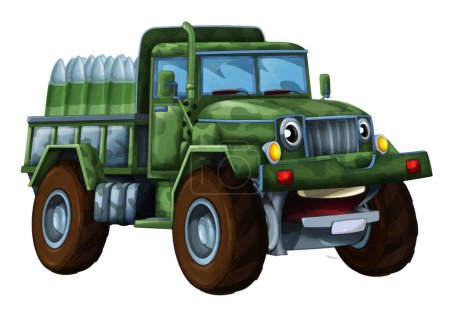 Photo for Cartoon happy and funny off road military truck looking like monster truck with bullets ammo smiling vehicle isolated illustration for children artistic style - Royalty Free Image