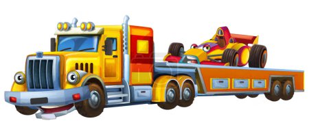 Foto de Escena de dibujos animados con remolque de conducción con carga otro coche ilustración aislada para niños estilo artístico - Imagen libre de derechos