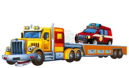 Foto de Escena de dibujos animados con la conducción de grúa con carga otros bomberos coche bomberos aislado ilustración para niños estilo artístico - Imagen libre de derechos