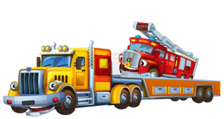 Téléchargez les photos : Scène de dessin animé avec dépanneuse conduite avec charge autre pompier voiture sapeur-pompier illustration isolée pour les enfants style artistique - en image libre de droit