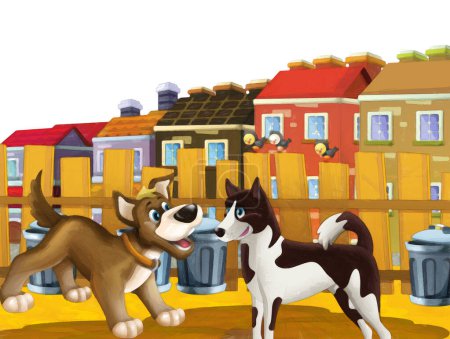 Foto de Escena de dibujos animados con perro divirtiéndose en la ciudad sobre fondo blanco - ilustración para niños estilo de pintura artística - Imagen libre de derechos