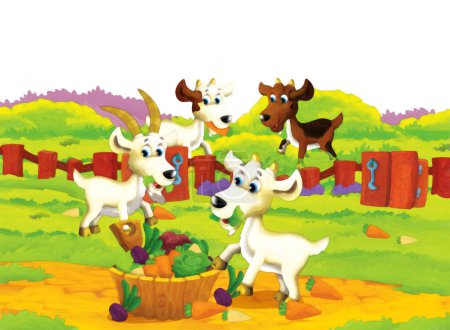 Foto de Escena de granja de dibujos animados con cabra animal divirtiéndose sobre fondo blanco - ilustración para niños estilo de pintura artística - Imagen libre de derechos