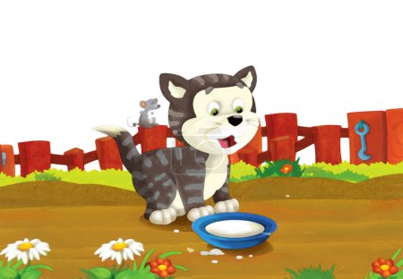 Téléchargez les photos : Scène de dessin animé avec chat s'amusant à la ferme sur fond blanc illustration pour les enfants style peinture artistique - en image libre de droit