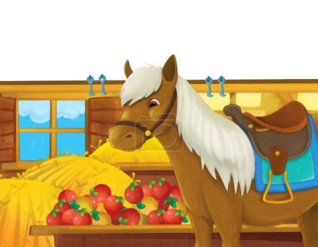 Photo for Cartoon scene with horse having fun on the farm on white background - illustration for children artistic painting style - Royalty Free Image