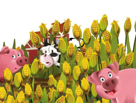 Téléchargez les photos : Scène de dessin animé avec cochon et vache sur une ferme s'amuser sur fond blanc illustration pour les enfants style peinture artistique - en image libre de droit