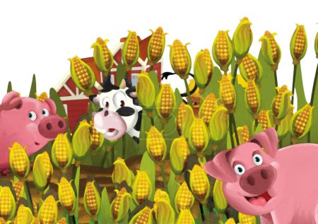 Foto de Escena de dibujos animados con cerdo y vaca en una granja que se divierte sobre fondo blanco - ilustración para niños estilo de pintura artística - Imagen libre de derechos