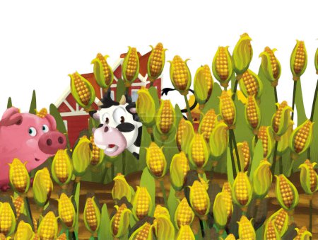 Téléchargez les photos : Scène de dessin animé avec cochon et vache dans un ranch agricole s'amuser sur fond blanc illustration pour les enfants style peinture artistique - en image libre de droit
